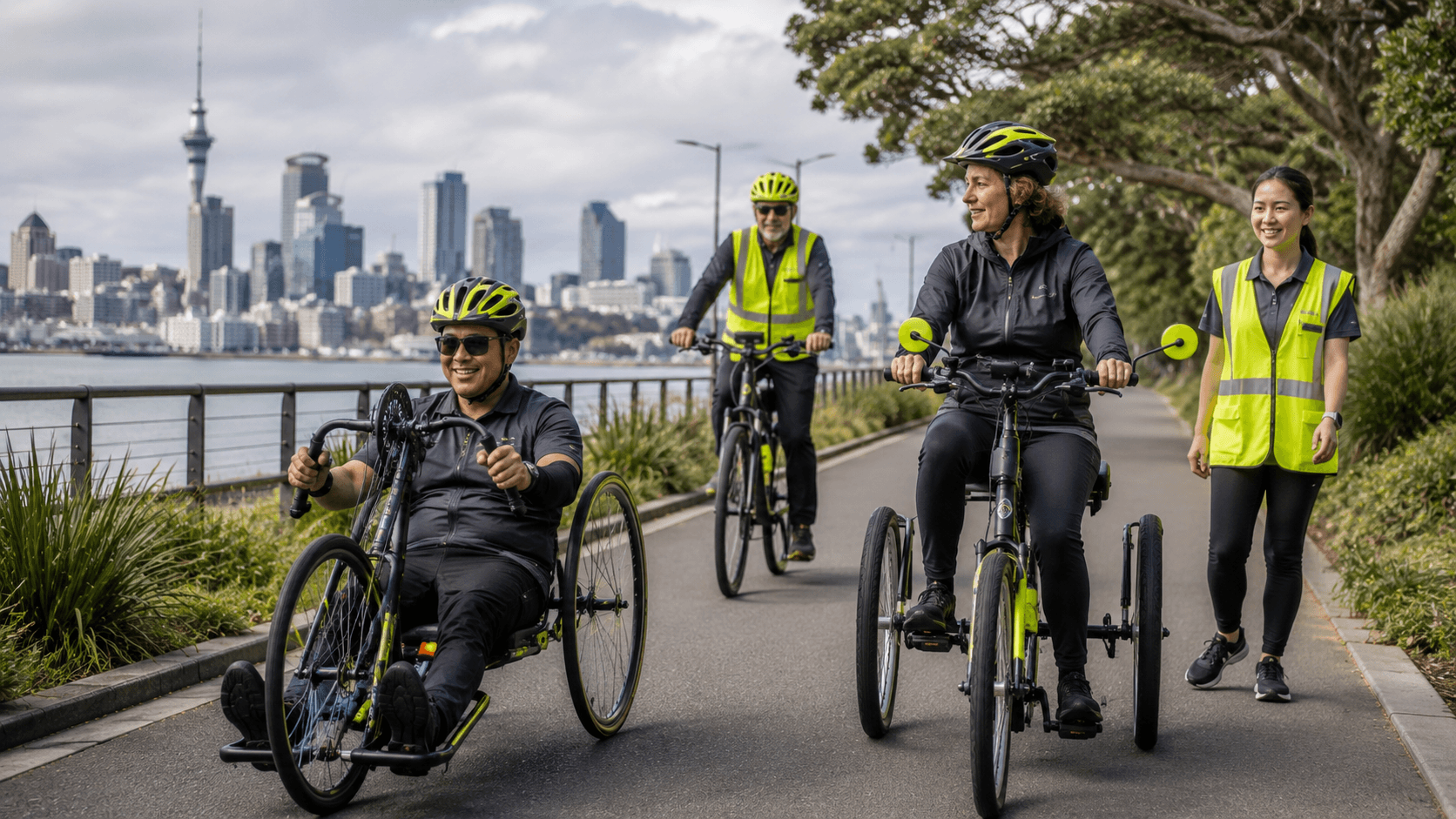 A diverse group of cyclists, including an adaptive handcycle rider, cycling together along the Auckland waterfront